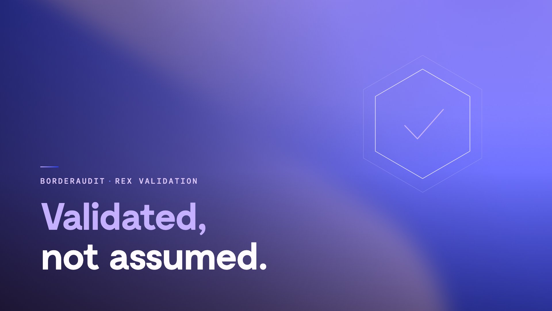 Validated, not assumed. — BorderAudit REX validation, with a hexagon seal and check mark motif